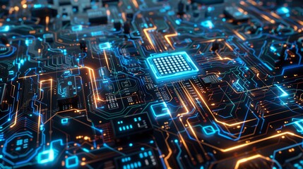 Digital Dreams Futuristic Circuit Board with Neon Lines and Holographic Data Encryption Technology Innovation Cybersecurity