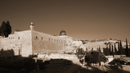 Historic Middle Eastern Architecture Sepia Toned Landscape With Ancient Walls And Dome
