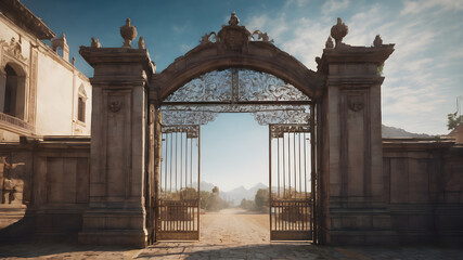 Obraz premium White gate entrance. New life or beginning concept. Dream gate to success. AI generated image, ai