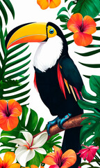 Eye-catching digital art of a toucan with a bright yellow beak perched in a tropical setting, perfect for nature themes and exotic décor.