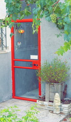 Charming Home Entrance With Striking Red Door And Grapevine Canopy