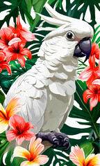 A white cockatoo stands out against vibrant hibiscus flowers, ideal for tropical and exotic bird-themed designs.