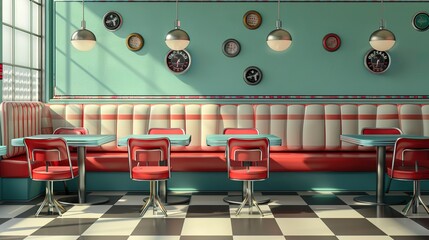 A retro diner background with 1950s style decor and vintage colors, great for adding a retro and nostalgic look to designs