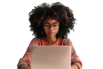 Young African American Woman Focused on Laptop Work with Stylish Afro and Glasses  isolated on transparent background	





