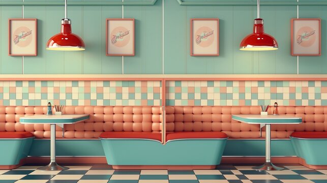 A retro diner background with 1950s style decor and vintage colors, great for adding a retro and nostalgic look to designs