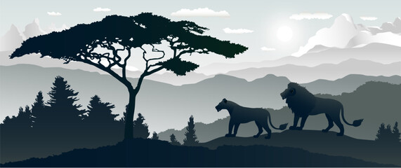 Lion family silhouettes, Vector illustration africa panorama landscape of forest. - 765449908