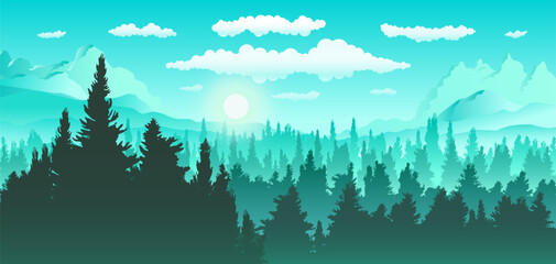 Vector panoramic landscape of forest with green and blue silhouettes of pine trees. - 765449941