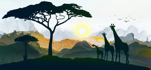 Giraffe family silhouettes, Vector illustration africa sunset panorama landscape. - obrazy, fototapety, plakaty