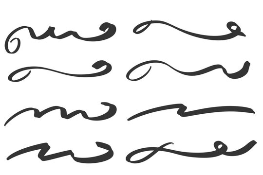 Swoosh hand drown vector lines. Swash and swish squiggle lines with swirl tail. Calligraphy wavy stroke. Curly doodle design elements.