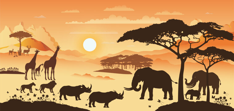 African illustration landscape with silhouettes of animal wildlife at sunset or sunset.