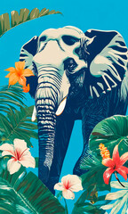 Fototapeta na wymiar Artistic elephant with a tropical backdrop, blending wildlife with exotic botany for creative, environmental, or travel-themed projects.
