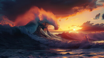 Fototapeta premium Dusk sunset wave crash cloud in sky majestically, AI Generative.
