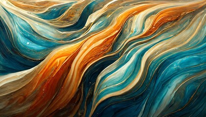 Marbled Melody: Abstract Orange and Blue Paint Background with Fluid Texture