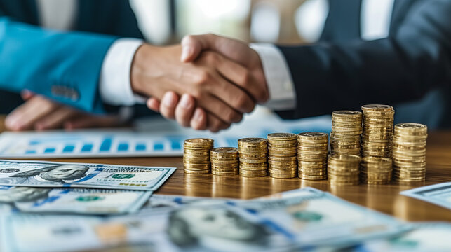 Businesspeople shaking hands with stacked coins and currency notes on the table
