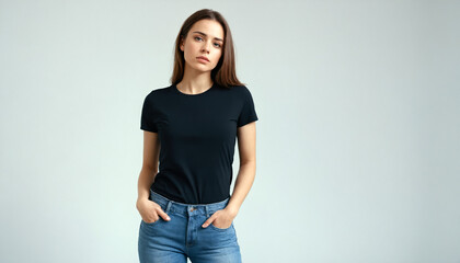 A girl in a black T-shirt and jeans stands on a light background