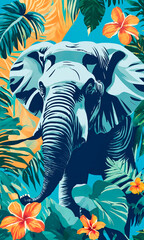 Fototapeta na wymiar Graphic artwork of an elephant amidst lush tropical flora, a bold piece for eco-tourism promotion, environmental awareness, or tropical décor themes.