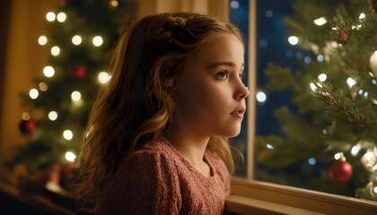 A child on Christmas night waits for Santa Claus at the Christmas tree.