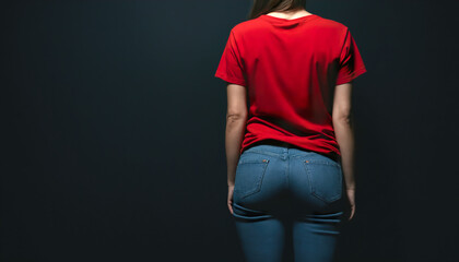 A girl in a red T-shirt stands with her back to us on a dark background