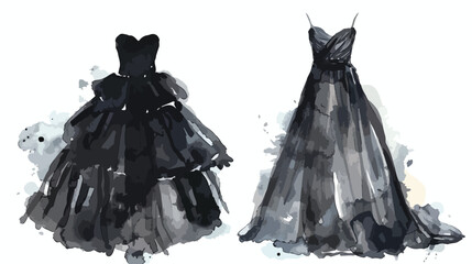 Black Wedding Dresses Watercolor flat vector  - obrazy, fototapety, plakaty