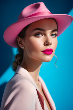 A woman wearing a pink hat and pink lipstick poses for a photo. The image has a bright and cheerful mood, with the pink hat and lipstick adding a pop of color to the scene