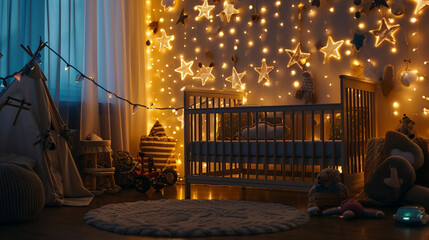  A serene baby room with soft pastel walls, a white crib adorned with plush toys, and a rocking...