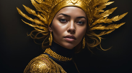 A woman wearing a gold headdress and gold jewelry. She has a gold necklace and earrings