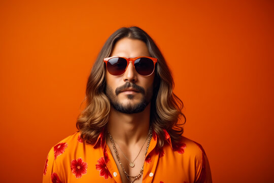 A man with long hair and a beard is wearing sunglasses and a red shirt. He is posing for a photo in front of an orange background