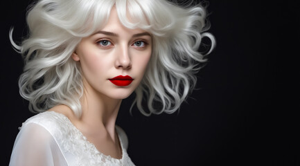 A woman with blonde hair and red lipstick stands in front of a black background. She has a confident and bold look, which is emphasized by her red lipstick