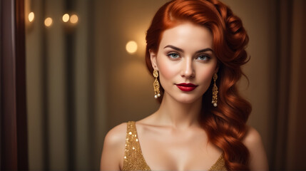 A woman with red hair and gold earrings is standing in front of a mirror. She is wearing a gold dress and has a red lipstick on