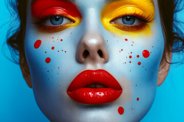 Woman with red yellow and blue makeup on her face.
