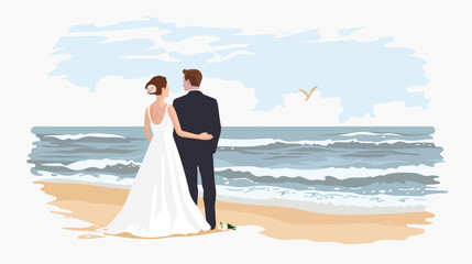Fototapeta na wymiar Bride And Groom On The Beach flat vector 