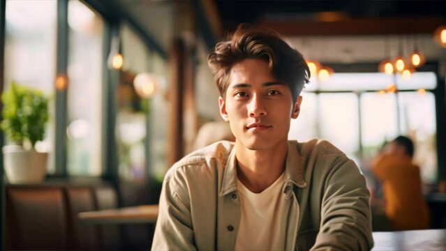 Handsome young man in a restaurant, Asian young man in a morning coffee shop, young concept