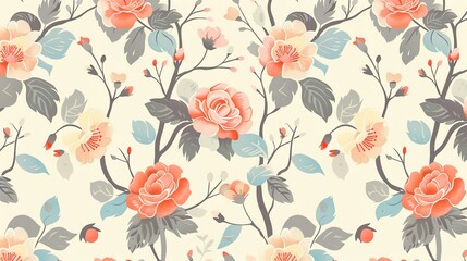 A vintage retro wallpaper pattern with floral motifs and pastel colors, ideal for adding a nostalgic and charming look to designs - obrazy, fototapety, plakaty