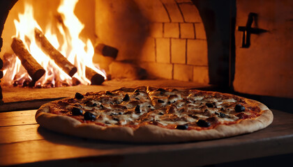 Large pizza on a wooden board against the backdrop of a burning wood-burning oven