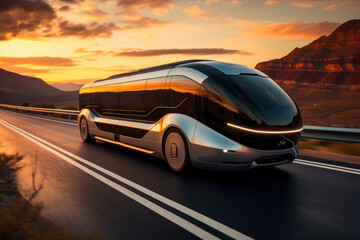 futuristic bus driving on road - obrazy, fototapety, plakaty