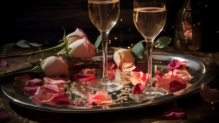  A champagne flute glistening with condensation, nestled among rose petals on a mirrored tray