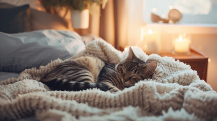  A cozy bedroom scene with soft, warm lighting, a fluffy comforter, and a contented tabby cat curled up peacefully on the bed, its eyes closed in blissful sleep. - Powered by Adobe