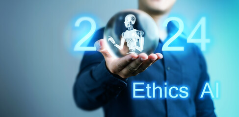 A man is holding a glass ball with a AI ethics robot,Year 2024 Ethics AI he importance of ethical...