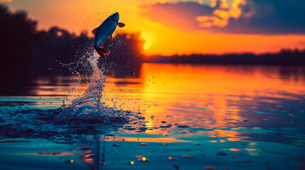 Silhouetted fish jumping out of a river, vibrant orange sunset in the background, creating a serene scene.