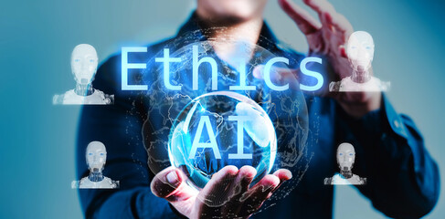 A man is holding a globe with the word AI ethics written. The globe is surrounded by AI...