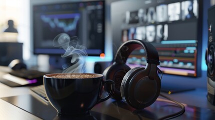 Fototapeta na wymiar Creative Workspace Dual Monitors Headphones and Coffee The Perfect Setup for Productivity and Focus