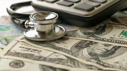 Stethoscope on top of a pile of US dollar bills next to a calculator, symbolizing healthcare costs - Powered by Adobe