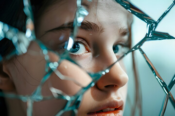 Teenager's reflection in a shattered mirror, Mental health and personality disorders concept. - obrazy, fototapety, plakaty