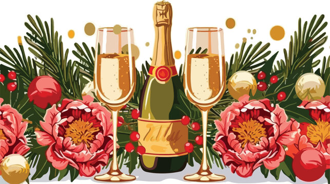 Christmas Champagne with Peonies flat vector 