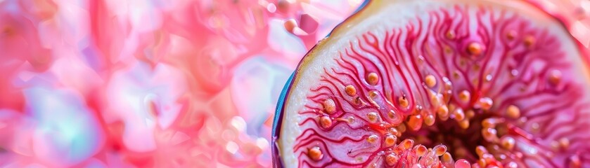 Macro photograph of a fig cut in half revealing the intricate network of seeds and the vibrant pink interior