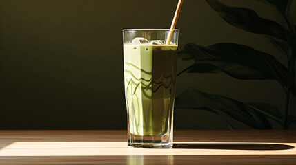 A tall glass of iced matcha latte with a bamboo whisk.
