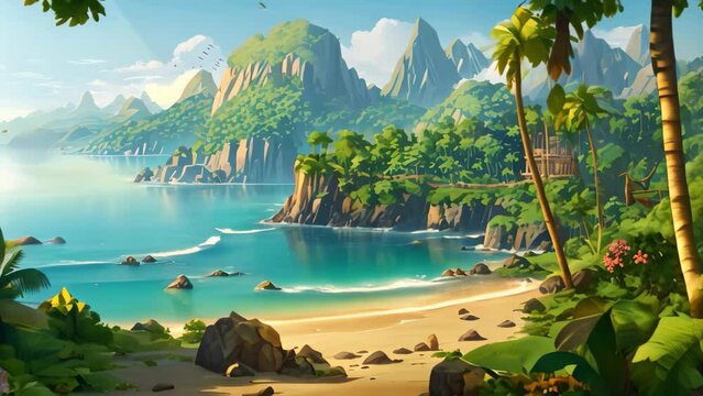 Digital painting of a tropical beach with rocks, palm trees and coconut trees, Beautiful tropical island landscape view on a sunny day, AI Generated