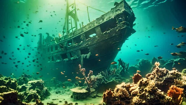 Underwater view of the wreck of an old ship on a coral reef, Beautiful underwater world with old shipwreck, coral and fish, AI Generated