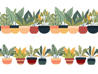 Set of vector seamless cozy borders with greenery in various pots isolated from background. Horizontal frieze with flat illustration of house plants for frames, brushes. Hobby greenhouse - 765454549