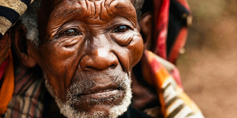 Close-up of a dignified elderly African man in traditional clothes, reflecting a rich cultural history, ideal for educational and social documentaries. - obrazy, fototapety, plakaty